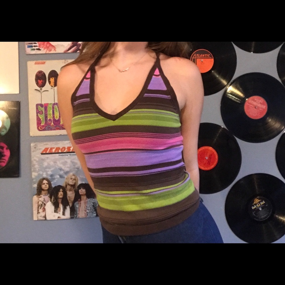 Purple pink brown v neck crop top
